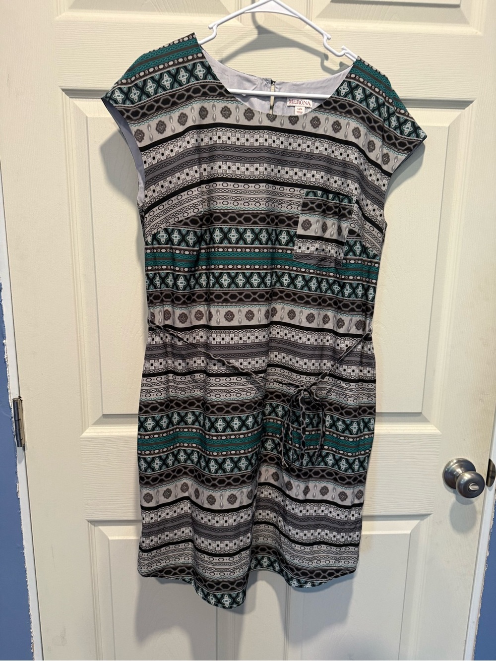 Merona Teal, Gray & Black Striped Pattern Day Dress
